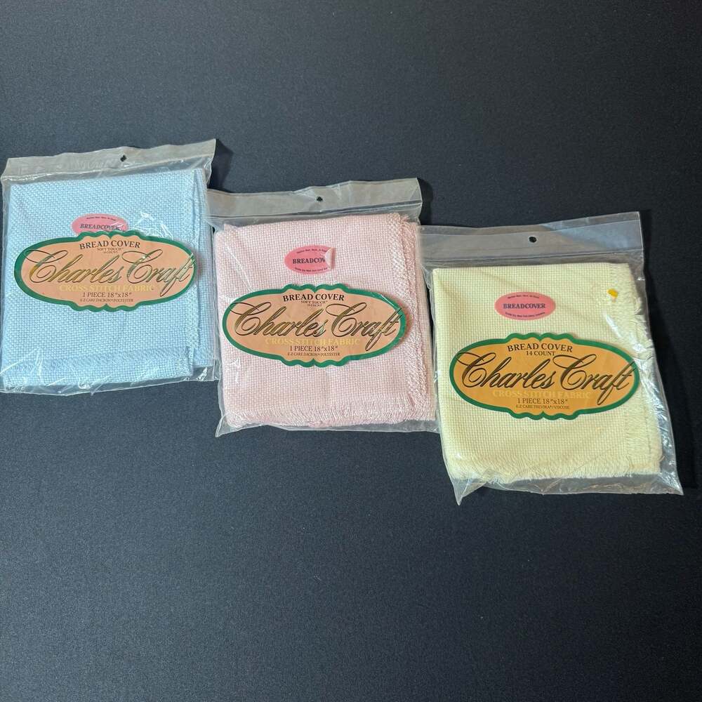 Lot of 3 Charles Craft 14 Count Cross Stitch Bread Covers 18x18 Blue Pink Cream
